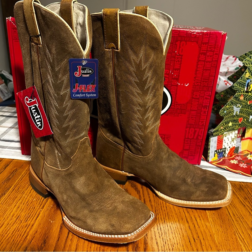 NIB Leather Justin Boots Men's Hombre Clay Brown Suede Square Toe Boots Size 9.5